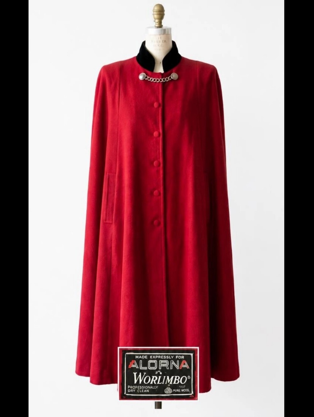 Vintage 80s Alorna Worumbo Luxury Red Wool Cape Cloak Velvet Trim